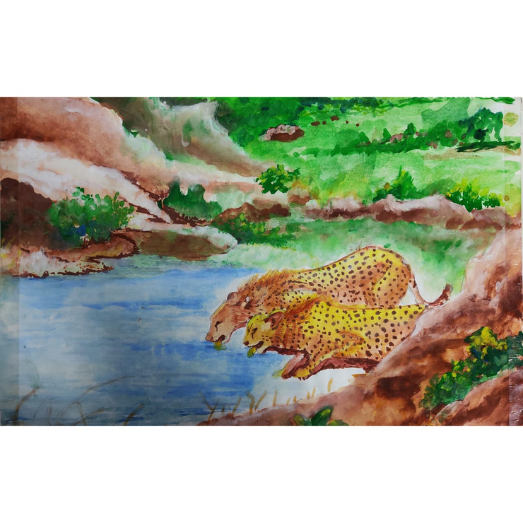 Leopards and lakes (ART_7505_48674) - Handpainted Art Painting - 16in X 12in