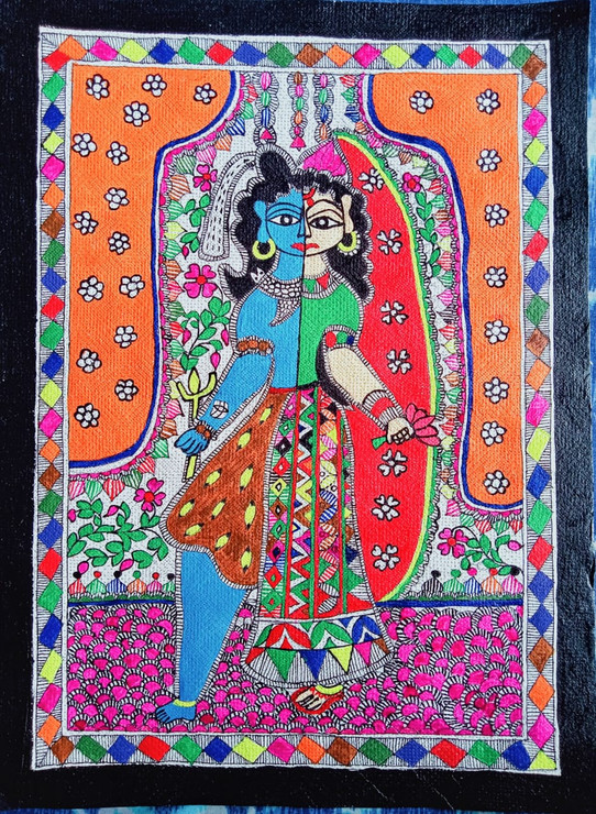 Ardhanarishwar Shiv Parvati (ART_7470_48280) - Handpainted Art Painting - 11in X 15in