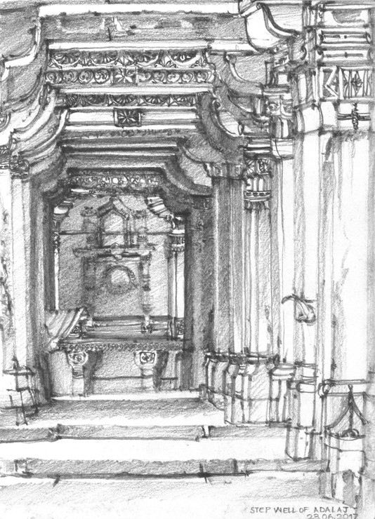 Step well of Adalaj- Columns (ART_7528_48878) - Handpainted Art Painting - 6in X 8in