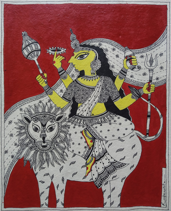 Durga (ART_7180_48917) - Handpainted Art Painting - 8in X 10in