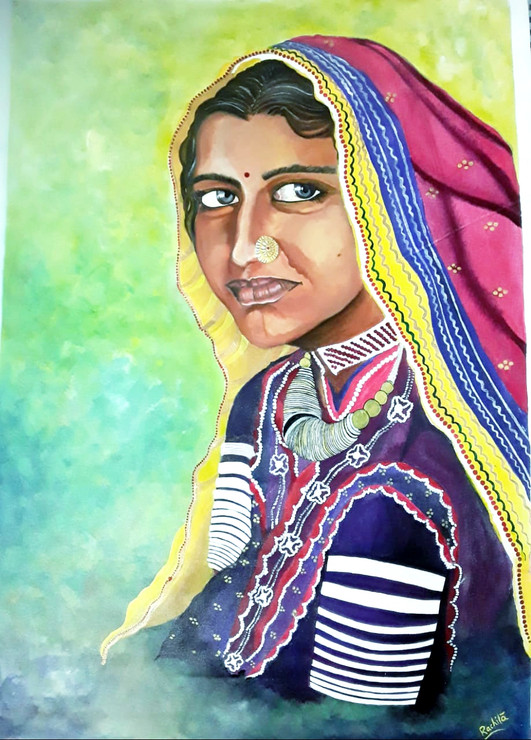 Simplicity and innocence of Indian village women (ART_7440_48994) - Handpainted Art Painting - 20in X 28in