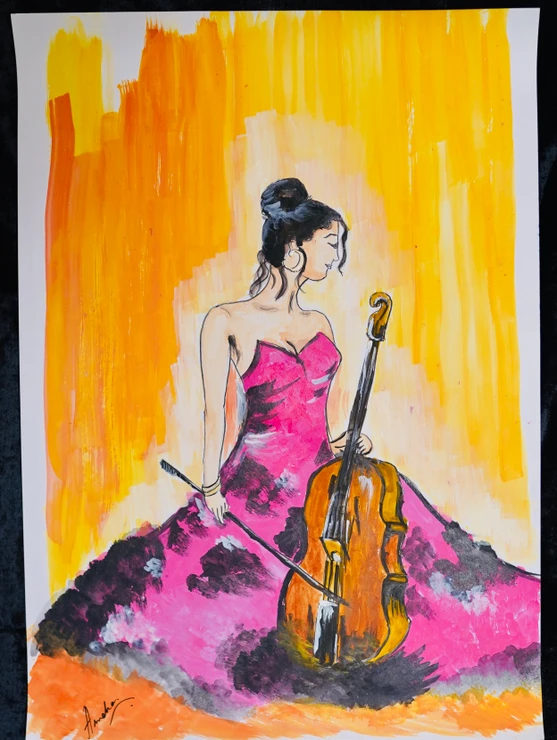 Cello girl (ART_7524_48898) - Handpainted Art Painting - 12in X 16in