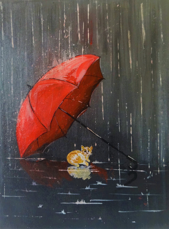 Cat in the Rains (ART_7517_48985) - Handpainted Art Painting - 10in X 14in