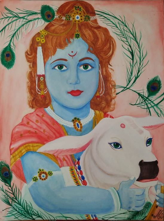 Natkhat Kanhaiya - Shree Bal krishna (ART_7521_49209) - Handpainted Art Painting - 16in X 12in