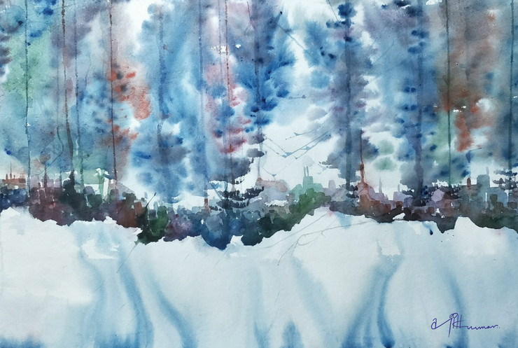 The Blue Forest (ART_7556_49190) - Handpainted Art Painting - 22in X 15in