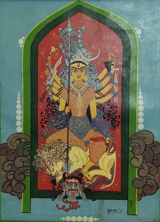 Durga Tempera on Canvas by Modern Artist (ART_7308_49175) - Handpainted Art Painting - 24in X 36in