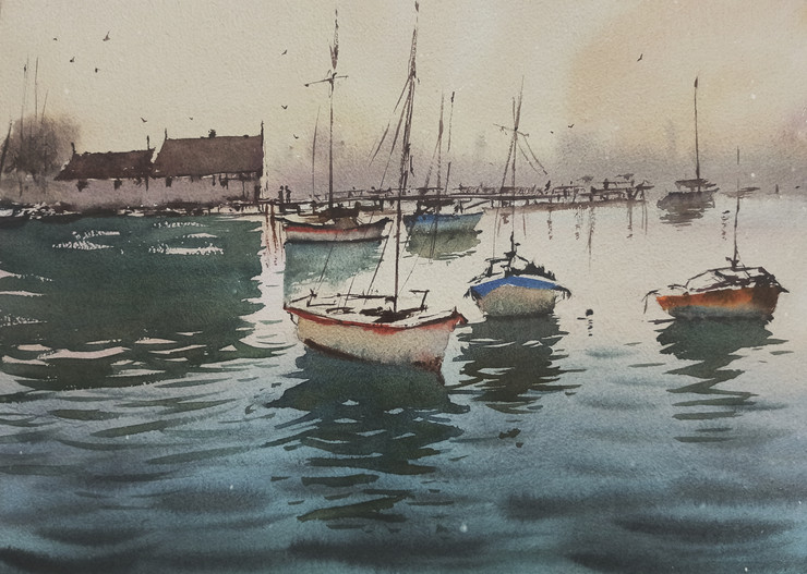 Boats at the pier (ART_7558_49204) - Handpainted Art Painting - 20in X 16in