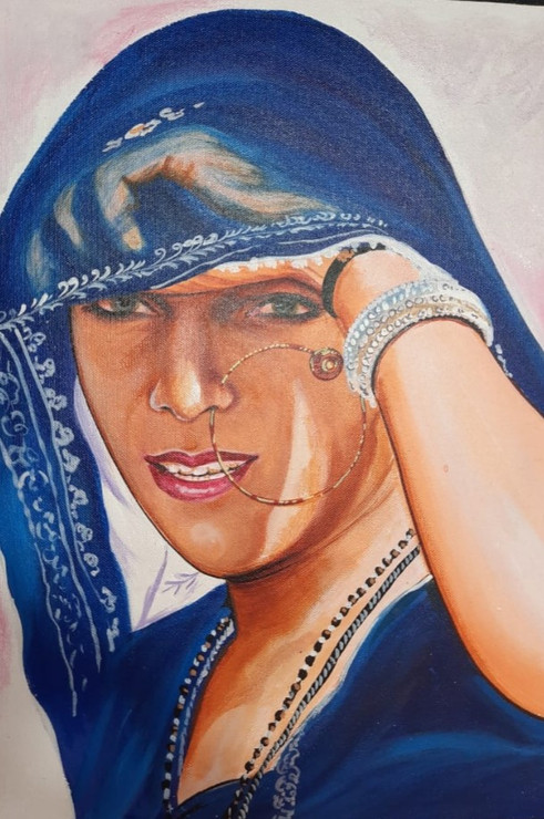 Handmade Painting On Silk Hand Painting Rajasthani Beautiful Woman (ART_7555_49203) - Handpainted Art Painting - 19in X 24in