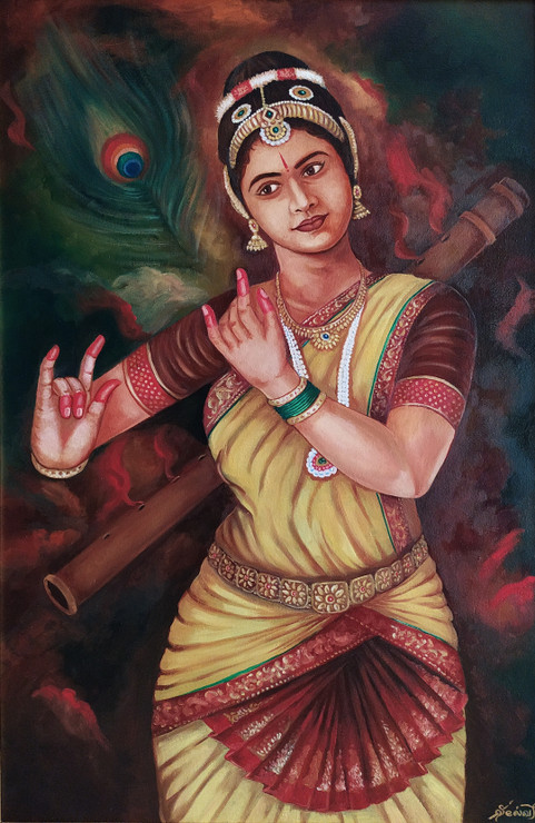 Baradhanatyam dancing girl   (ART_7375_48899) - Handpainted Art Painting - 24in X 36in