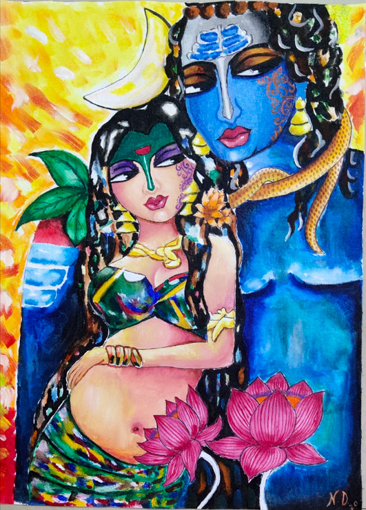 Shiva & Shivani (ART_7390_49323) - Handpainted Art Painting - 18in X 24in