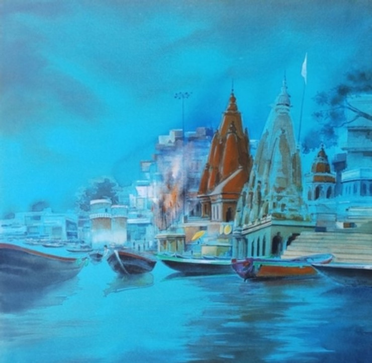 Banaras in Blue. Fresh wall painting. Wall hanging (ART_7549_49543) - Handpainted Art Painting - 36in X 36in