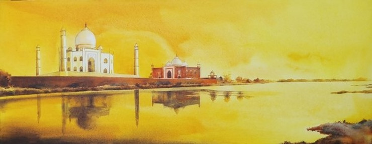 Golden Taj. Fresh wall painting. Wall hanging (ART_7549_49542) - Handpainted Art Painting - 60in X 24in