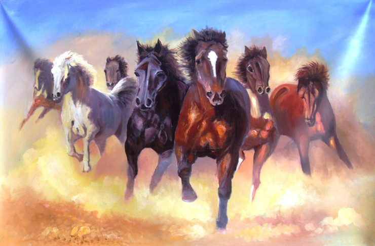 7 Horses Good Luck Painting - 45in x 30in,RTCS_51_4530,Oil Colors,Horses,Horse,Speed,Canvas,4530,Museum Quality - 100% Handpainted,Horse,Horse riding,Running Horses - Buy Canvas Painting Online in India.
