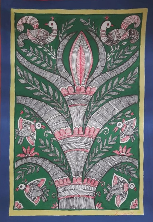 Madhubani Nature Painting (ART_7565_49335) - Handpainted Art Painting - 11in X 14in