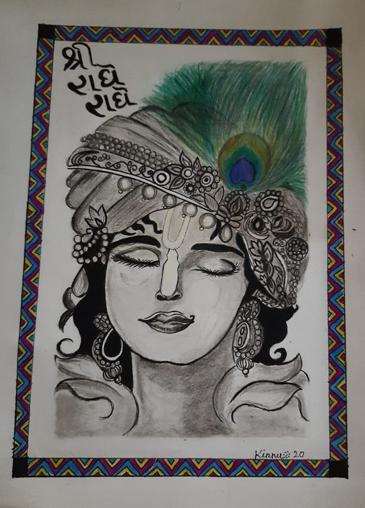 MauyrPankh Dhari Shree Krishna (ART_7565_49276) - Handpainted Art Painting - 11in X 14in