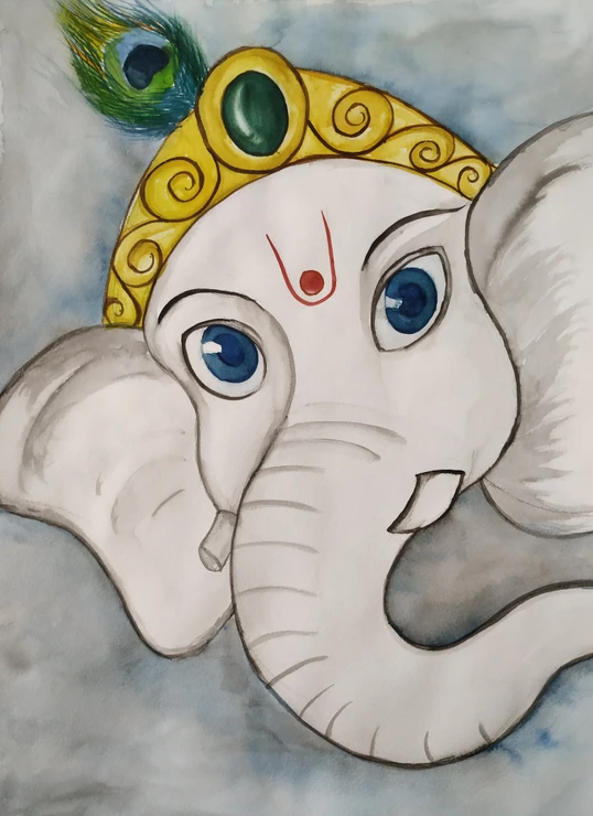 Bal Ganesha (ART_7243_49634) - Handpainted Art Painting - 16in X 12in