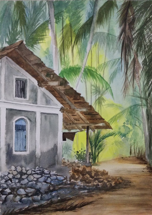 House at Konkan (ART_7362_49859) - Handpainted Art Painting - 10in X 14in