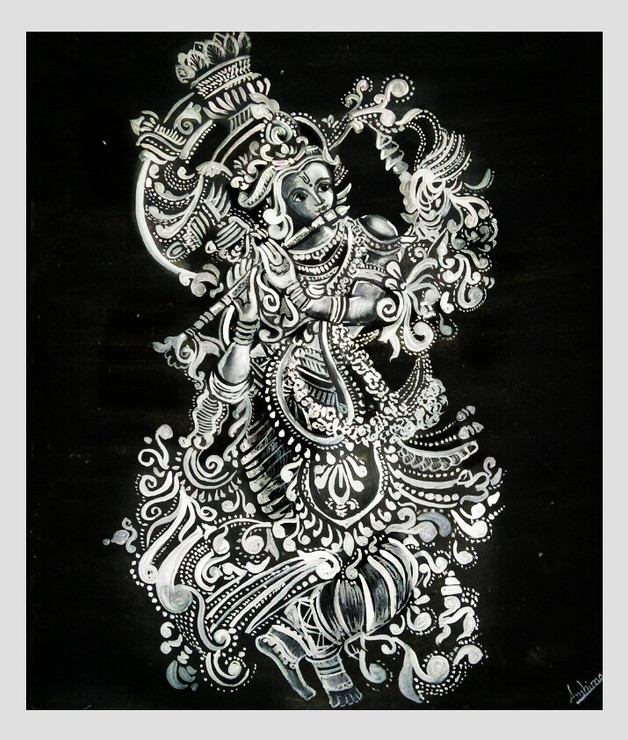 Black and white Krishna mural painting  (ART_7481_49856) - Handpainted Art Painting - 10in X 12in