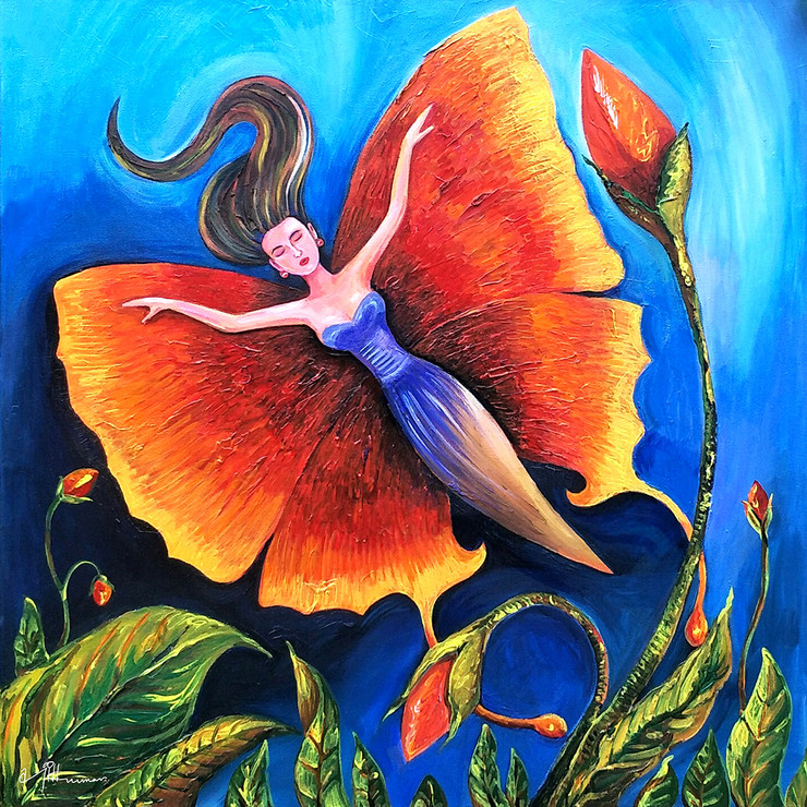 The Lady Butterfly (ART_7556_49872) - Handpainted Art Painting - 24in X 24in