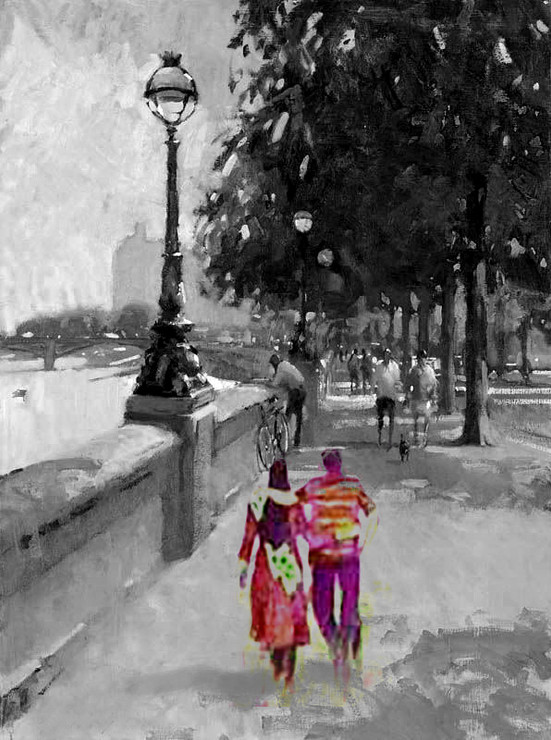 city, cityscape, couple in city, couple, couple taking walk, walk in city, romance, romantic walk,black and white