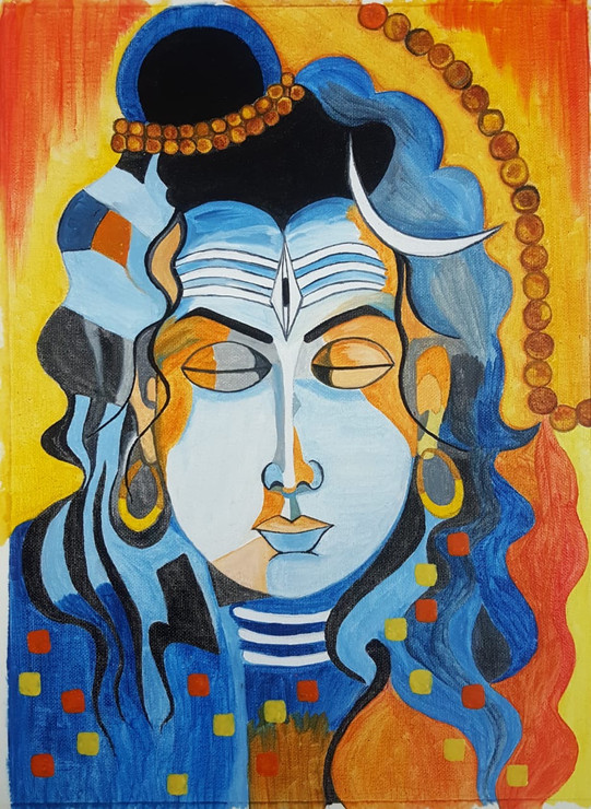 Meditating Shiva (ART_7567_49300) - Handpainted Art Painting - 12in X 16in