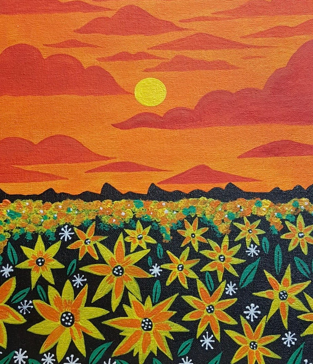 SUNRISE IN SUNFLOWER FIELD (ART_7567_49299) - Handpainted Art Painting - 10in X 12in