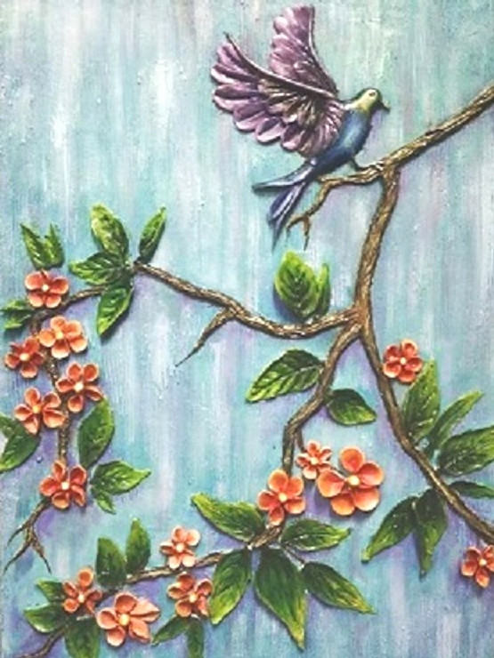 EMBOSED FLOWERS & BIRD (ART_4966_49359) - Handpainted Art Painting - 12in X 18in