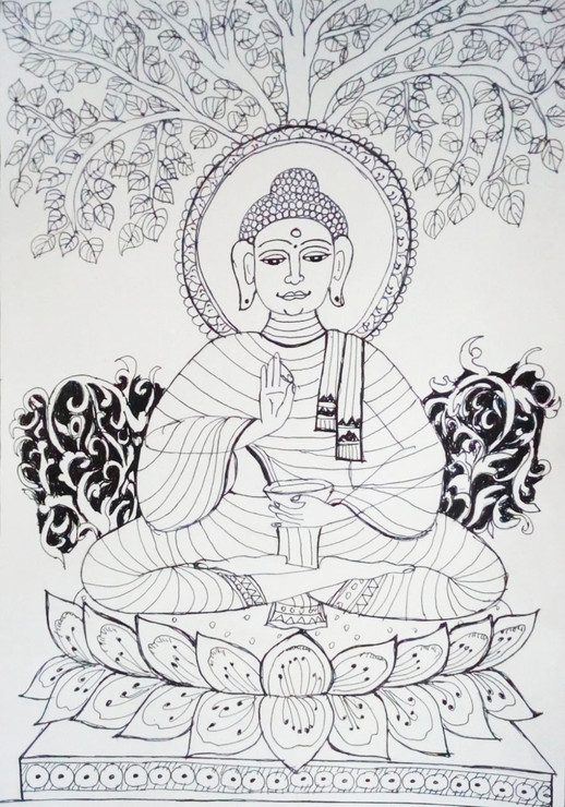 Pattachitra buddha  (ART_4966_49356) - Handpainted Art Painting - 8in X 11in