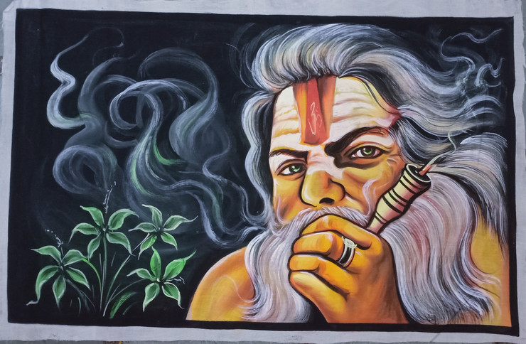 Indian UV smoking sadhu with handmade painting (ART_7555_49444) - Handpainted Art Painting - 16in X 26in