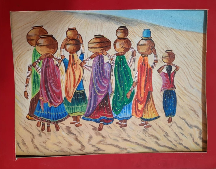 Handmade painting on canvas/ hand painting rajasthani woman's  (ART_7555_49437) - Handpainted Art Painting - 36in X 48in