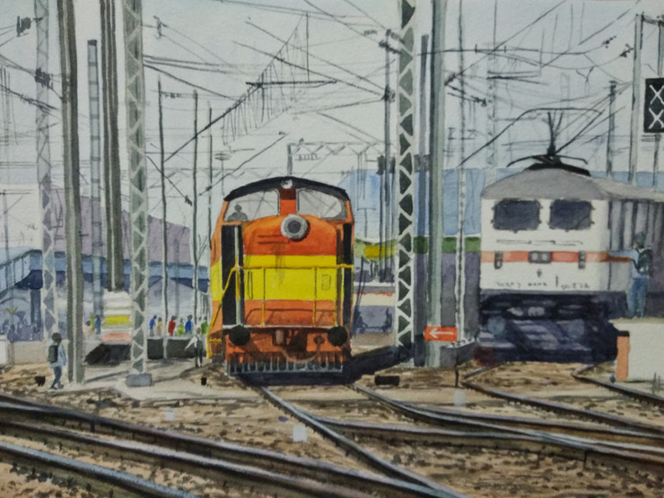 The train (ART_7362_49390) - Handpainted Art Painting - 14in X 10in