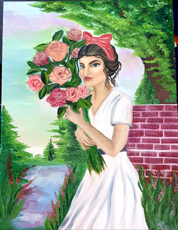Girl with flowers  (ART_7637_50370) - Handpainted Art Painting - 18in X 24in