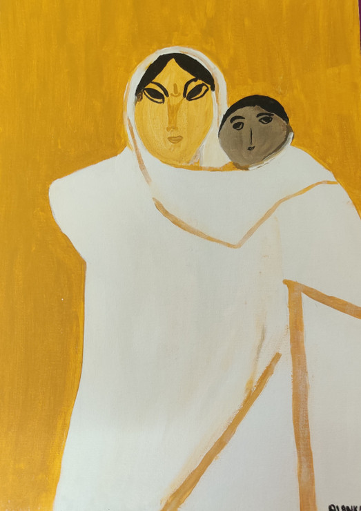 A single mother does not fear the world anymore  (ART_4165_50038) - Handpainted Art Painting - 16in X 24in