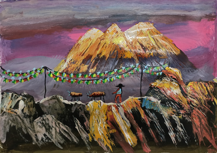 Pilgrim Panorama (ART_7462_50002) - Handpainted Art Painting - 17in X 12in