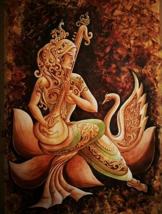 Goddess of knowledge (ART_7604_49913) - Handpainted Art Painting - 15in X 20in