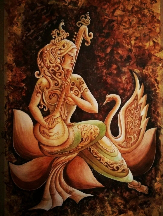 Goddess Of Knowledge (ART_7604_49906) - Handpainted Art Painting - 15in X 21in