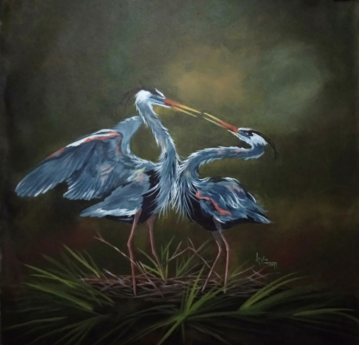 Heron love (ART_7141_42760) - Handpainted Art Painting - 21in X 21in