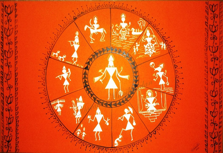 Warli Art  - Lord Vishnu's Dasavatar (ART_1403_50730) - Handpainted Art Painting - 22in X 14in