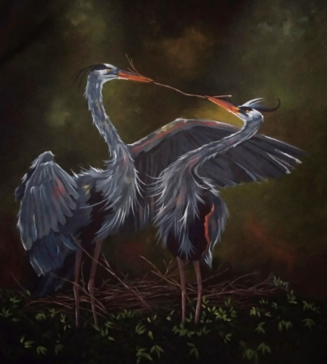 Crane love (ART_7141_50655) - Handpainted Art Painting - 34in X 38in