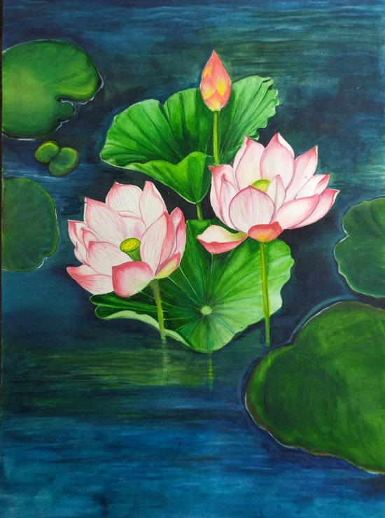 Beautiful lotus in pond (ART_7635_50645) - Handpainted Art Painting - 11in X 16in