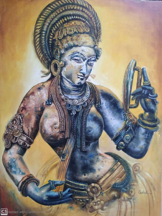 Darpan Sundari (ART_7610_49986) - Handpainted Art Painting - 30in X 42in