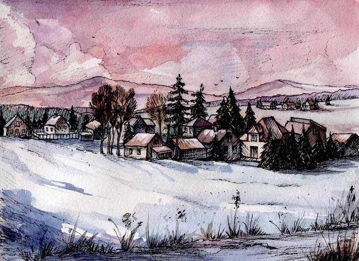 Village Scenery With Mountains,Houses And Snow 2. (PRT_1731) - Canvas Art Print - 38in X 28in