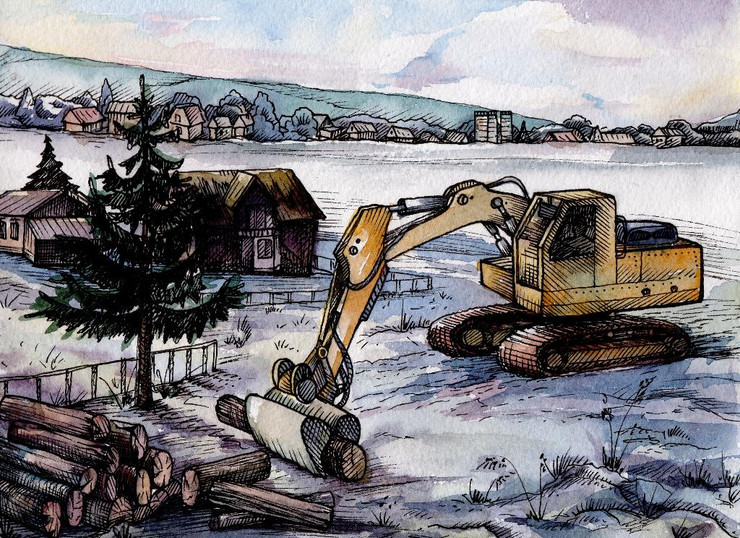 Excavator Picking Wood Logs In Snow (PRT_1732) - Canvas Art Print - 38in X 28in