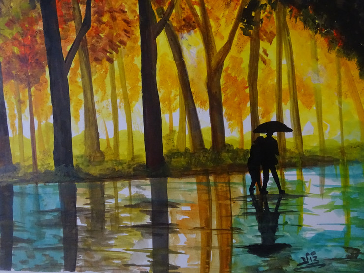 In The Rain (ART_398_51067) - Handpainted Art Painting - 16in X 11in