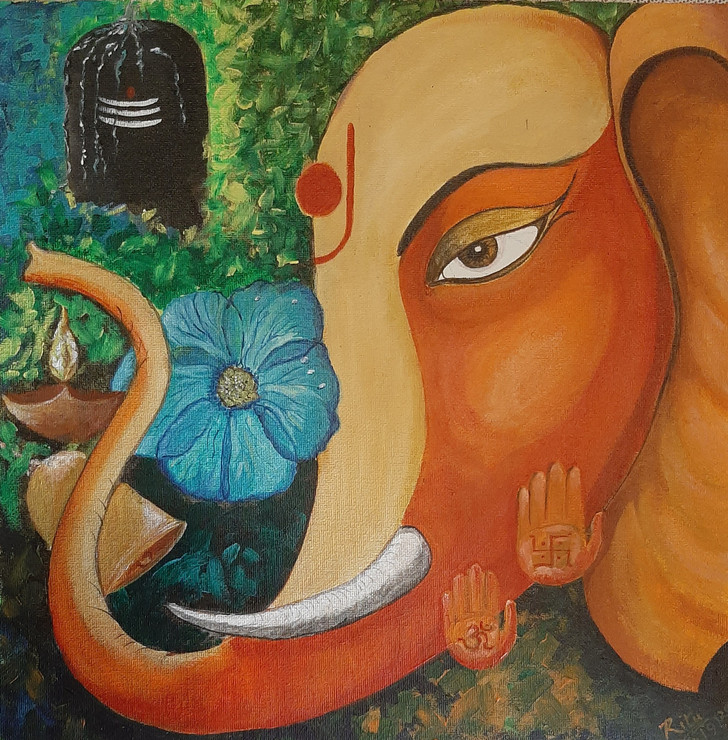'Bal Ganesh' (ART_4568_50859) - Handpainted Art Painting - 12in X 12in