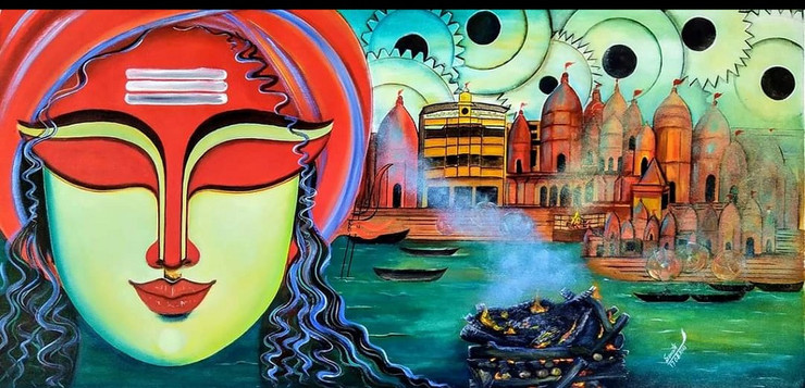VISHESHWARA S-2: The lord Shiva painting (ART_7352_50811) - Handpainted Art Painting - 48in X 24in