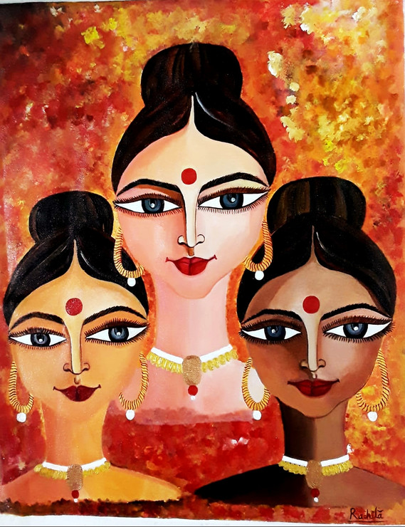 Indian  Ladies (ART_7440_50928) - Handpainted Art Painting - 14in X 18in