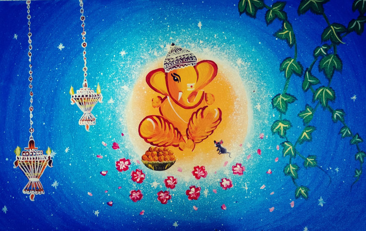 Cute Little Ganesha (ART_7381_50831) - Handpainted Art Painting - 23in X 14in