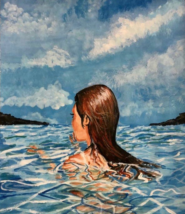 Shades of blue- A swim in the ocean (ART_7544_49401) - Handpainted Art Painting - 8in X 10in