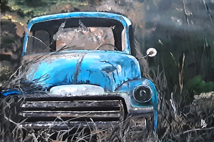 Blue Rusty Car (ART_5839_50777) - Handpainted Art Painting - 24in X 18in